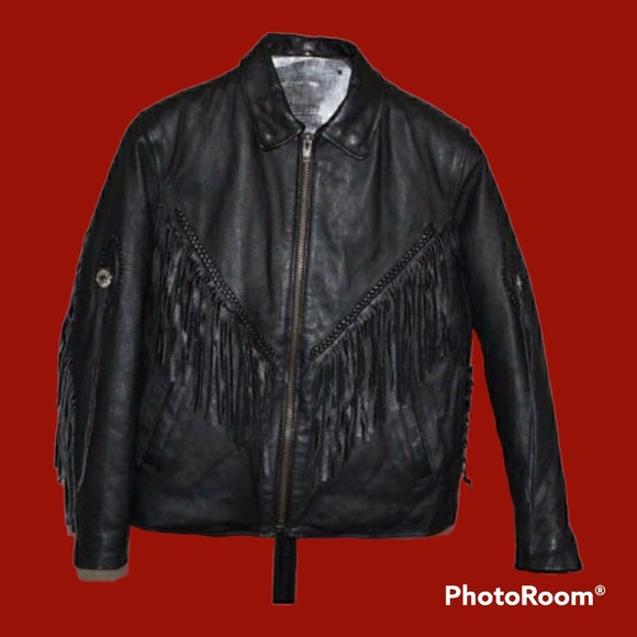 Diamond Plate Genuine Leather fringed bikers jacket - Picture 2 of 4